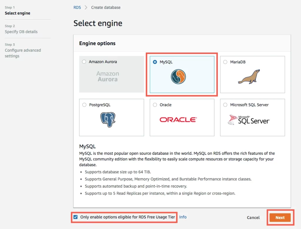 Selección de MySQL en RDS