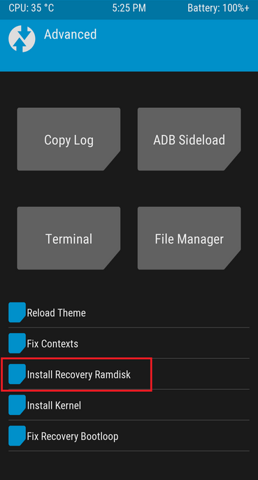 Menú de instalación de TWRP en OnePlus 7 Pro