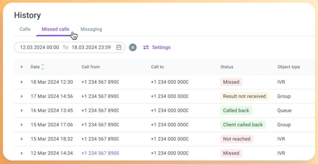 Sección de Llamadas perdidas en Call Center Cloud